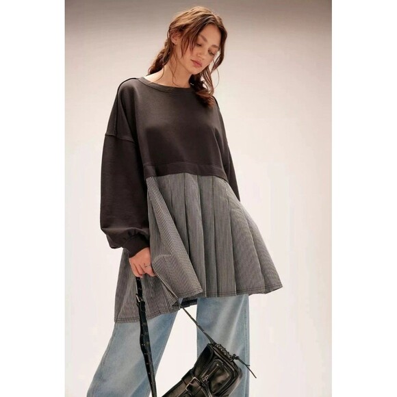 Free People Dresses & Skirts - Free People Eleanor Sweatshirt Tunic Dress Oversized Cotton Striped S NEW